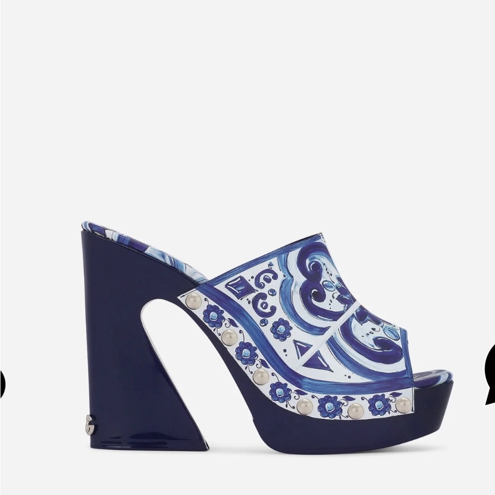 D&G Majolica-print polished calfskin clogs
